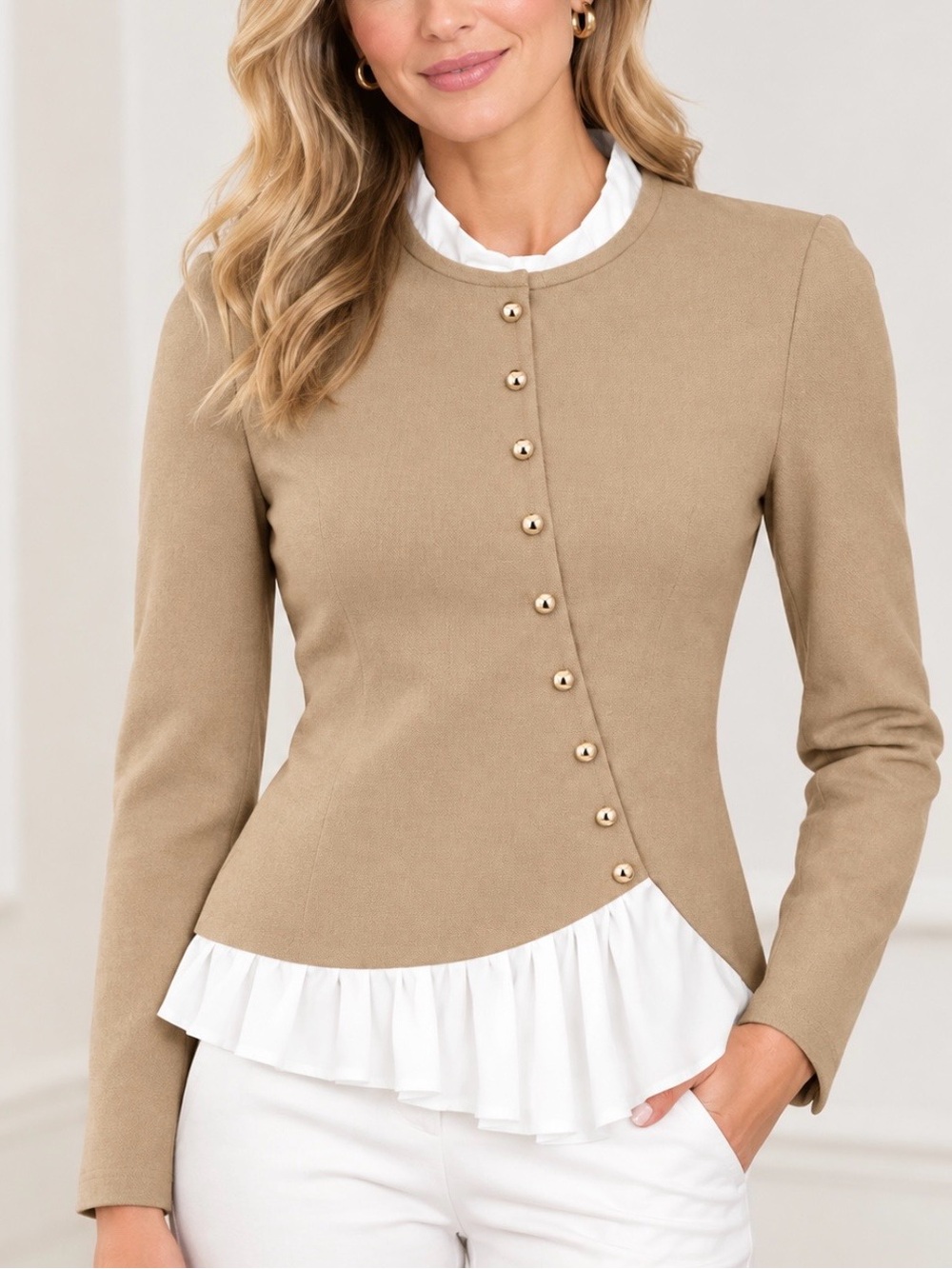 Asymmetrical Button Ruffle-Hem Long Sleeve Tan Sweater